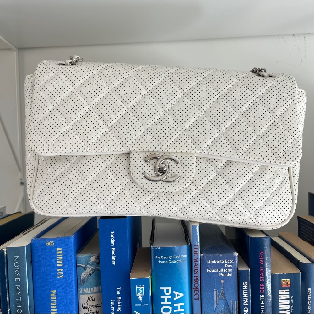 RARE Chanel Jumbo White Single Flap Perforated Leather Vintage CC Lock Silver